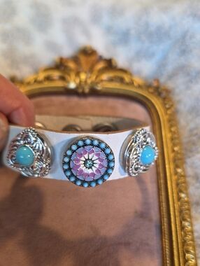 Vintage Boho White Leather Interchangeable Ginger Snap Button Cuff Bracelet